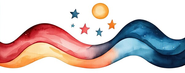 Poster - Starry watercolor idea. Colorful abstract design with waves, stars, and a sun for creative projects.