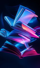 Poster - A visually stunning stack of glowing open books in a dynamic neon blue and pink abstract arrangement