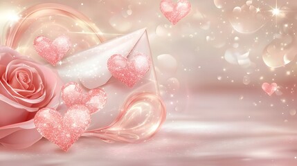 Aufkleber - Beautifully crafted love letter envelope adorned with delicate heart shapes paired with a single red rose and soft dreamy pink lighting