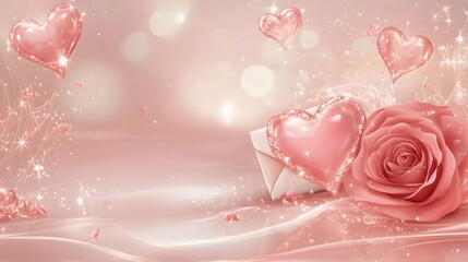 Aufkleber - Romantic scene featuring a heart decorated love letter envelope and a vibrant red rose placed on a softly textured Valentine s Day themed surface