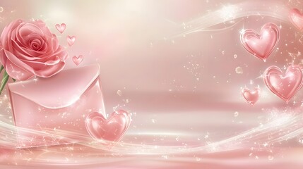 Aufkleber - Romantic pink envelope adorned with heart shapes and a delicate red rose set against a soft glowing background with sparkling lighting for a captivating Valentine s Day or romantic theme
