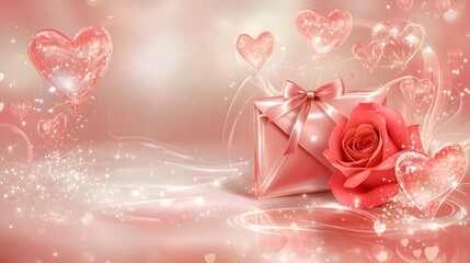 Aufkleber - A romantic Valentine envelope tied with a ribbon with a fresh red rose lying on it surrounded by glowing sparkling heart accents in a dreamy ethereal background
