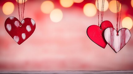 Poster - Colorful and dynamic heart shaped in various shades of red and pink hanging from strings against a warm glowing gradient backdrop evoking a sense of and romance