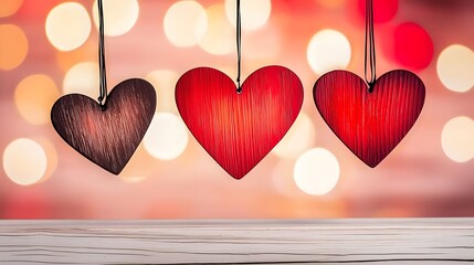 Poster - Festive scene of bright heart shaped in vivid shades of red orange and pink suspended against a high contrast radiant gradient backdrop
