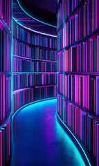 Poster - Neon illuminated curved bookshelves create a futuristic and vibrant library space with books