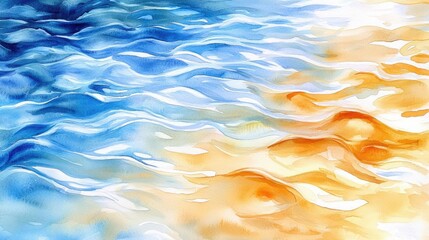 Poster - Water watercolor concept. Abstract water waves with vibrant blue and orange colors, creating a serene atmosphere.