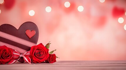 Poster - Elegant heart shaped chocolate box with a satin ribbon surrounded by lush fresh red roses placed on a soft pink gradient background