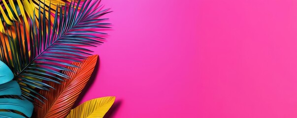 Poster - Tropical watercolor idea. Colorful tropical leaves vibrant against a bright pink background, perfect for design.