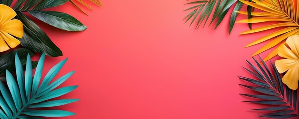 Poster - Tropical watercolor idea. Vibrant tropical leaves on a colorful background for creative design inspiration.