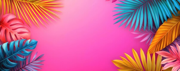 Poster - Tropical watercolor idea. Vibrant tropical leaves frame a pink background, perfect for summer-themed designs.