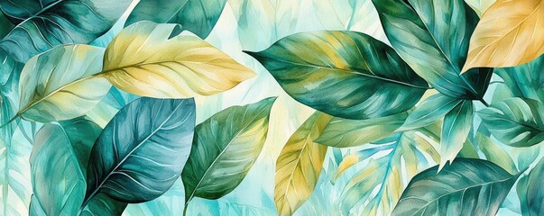 Poster - Tropical watercolor idea. A vibrant arrangement of green and yellow leaves creating a soothing natural backdrop.