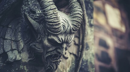 A statue of a demon with horns and a mouth open