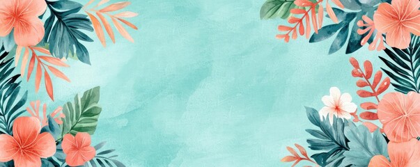 Poster - Tropical watercolor idea. Vibrant floral frame design with tropical leaves and colorful flowers on a teal background.