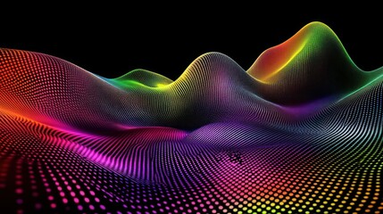 Poster - Colorful digital landscape, flowing data, dark background, tech presentation