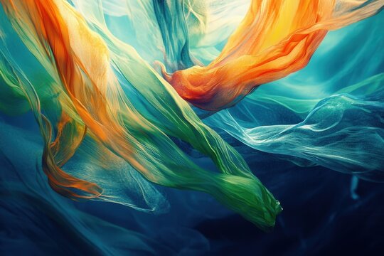 abstract underwater scene where vibrant hues of blue, green, and orange mix together, their flowing movements evoking the lively currents and marine life below the surface