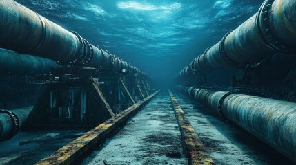 Poster - complex underwater pipeline system for oil and gas transport runs along the ocean floor, surrounded by industrial machinery and the eerie silence of the deep sea