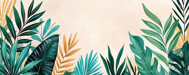 Poster - Tropical watercolor idea. Beautiful tropical leaves creating a vibrant and fresh botanical background.