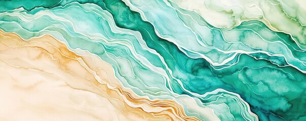 Poster - Tropical watercolor idea. Beautiful abstract watercolor waves in soft green and beige tones.