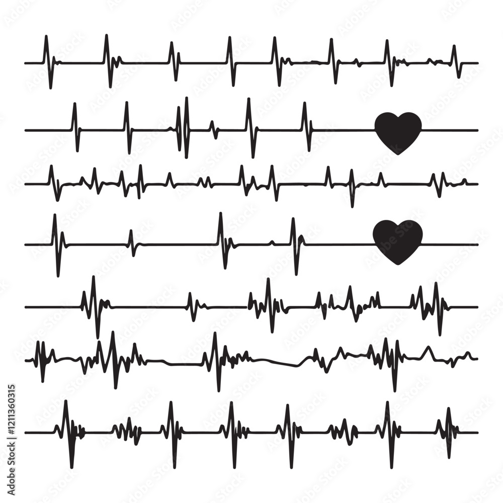 black heartbeat line silhouette vector set with heart symbol ...
