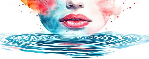 Aufkleber - Water watercolor concept. A colorful watercolor depiction of lips and rippling water, symbolizing emotions.