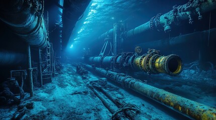 Poster - complex underwater pipeline system for oil and gas transport runs along the ocean floor, surrounded by industrial machinery and the eerie silence of the deep sea