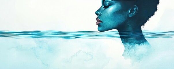 Poster - Water watercolor concept. A serene and artistic portrait of a woman submerged in tranquil water.