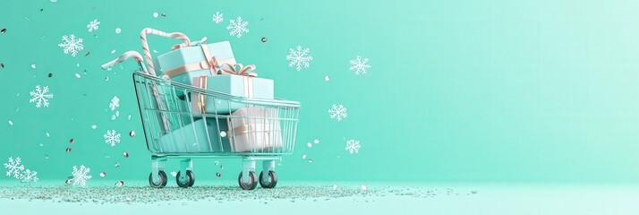 Poster - showcasing a trolley cart with a gift box, snowflake icons, and confetti glitter scattered across a mint green background.