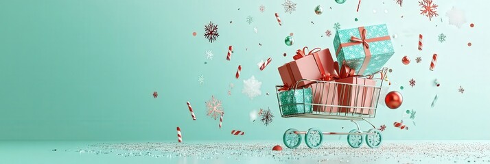 Poster - showcasing a trolley cart with a gift box, snowflake icons, and confetti glitter scattered across a mint green background.