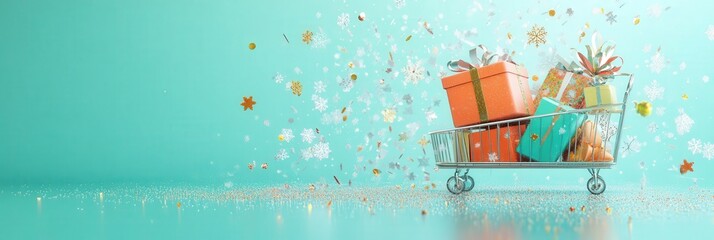 Poster - showcasing a trolley cart with a gift box, snowflake icons, and confetti glitter scattered across a mint green background.
