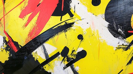 A painting with splatters of red, yellow and black