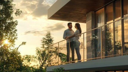 couple standing on balcony of modern house interior design