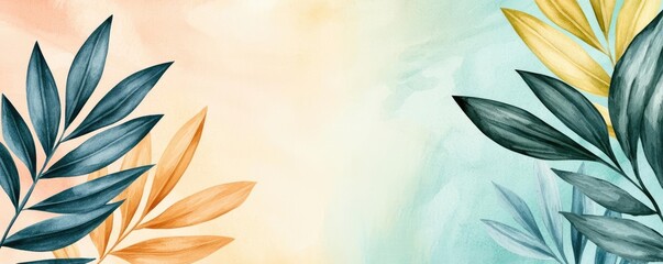 Poster - Tropical watercolor idea. Beautiful leaves with vibrant colors and soft background for artistic designs.