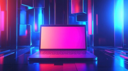 Poster - Neon Laptop in Futuristic Setting