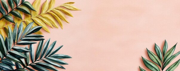 Poster - Tropical watercolor idea. Vibrant palm leaves arranged artistically on a soft pastel background.