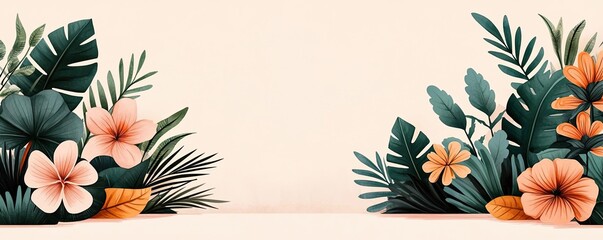 Poster - Tropical watercolor idea. Vibrant tropical leaves and flowers creating a lively border design on a soft background.