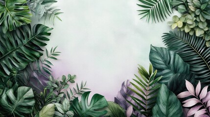 Poster - Tropical watercolor idea. Lush green foliage forms a vibrant frame in this botanical illustration.