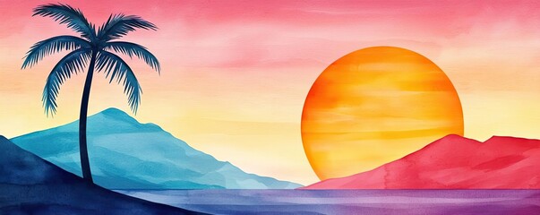 Poster - Tropical watercolor idea. A serene sunset landscape with vibrant colors, palm tree silhouettes, and mountains.