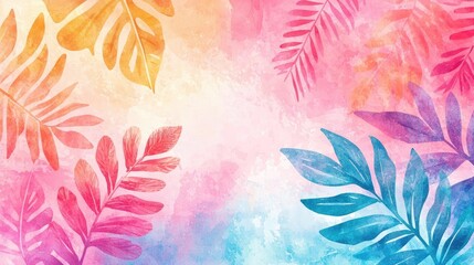 Poster - Tropical watercolor idea. A vibrant, colorful background with tropical leaves in pinks and blues.