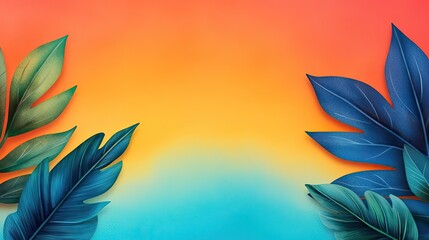 Poster - Tropical watercolor idea. Vibrant gradient background with tropical leaves creating a serene atmosphere.