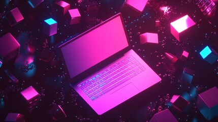 Poster - Neon Laptop in a Cybernetic World: Futuristic Digital Art