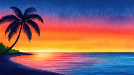 Poster - Tropical watercolor idea. Vibrant sunset over calm waters with a silhouetted palm tree on the beach.