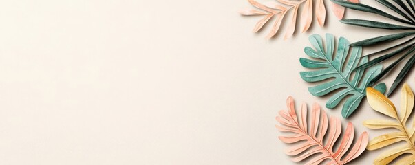 Poster - Tropical watercolor idea. Colorful tropical leaves arranged on a minimalist background for a fresh aesthetic.