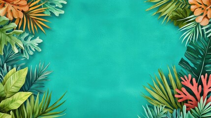 Poster - Tropical watercolor idea. Vibrant green and colorful tropical leaves frame a serene turquoise background.