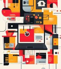Poster - flat vector illustration showcasing online shopping, with an emphasis on e-commerce platforms, flash sales, and digital payment methods.