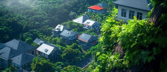 Wall Mural - Lush Greenery Cityscape  Aerial View of Modern Homes