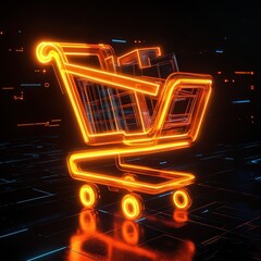 Poster - 3D render of an orange and yellow neon shopping icon, standing out with its vibrant glow on a black backdrop