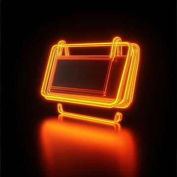 3D render of an orange and yellow neon shopping icon, standing out with its vibrant glow on a black backdrop