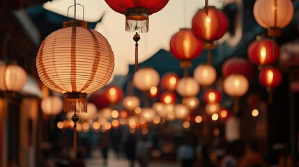 Poster - Chinese new year celebration idea. Colorful lanterns illuminate a vibrant street, showcasing cultural traditions at dusk.