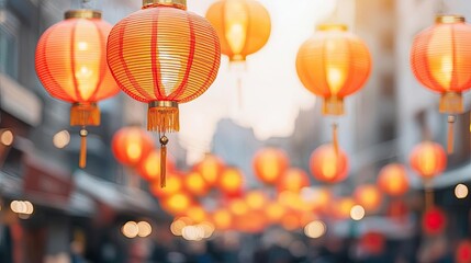 Poster - Chinese new year celebration idea. Vibrant red lanterns illuminate a festive street, creating a warm, inviting atmosphere.