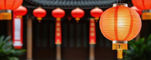 Poster - Chinese new year celebration idea. Vibrant red lanterns illuminate a traditional setting with a warm and festive atmosphere.
